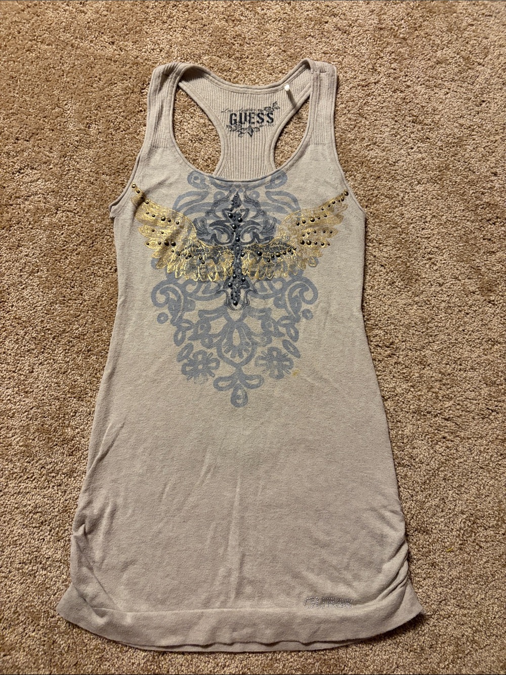 GUESS Women’s Beige Racerback Tank with Gold Foil Wing Graphic